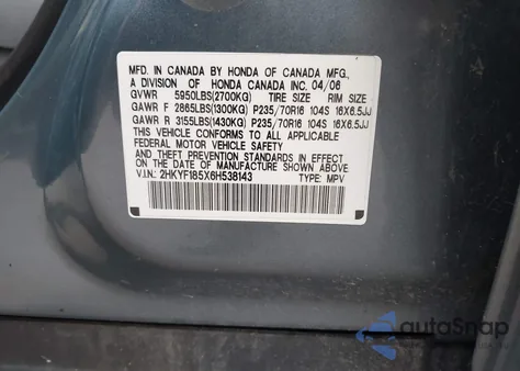 2006 Honda Pilot Ex из США, поврежденный, VIN 2HKYF185X6H538143